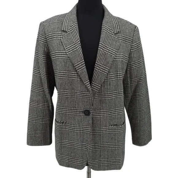VTG 90s Requirements Size 14 Petite Black Cream Plaid Wool Single Button Blazer - Picture 6 of 6